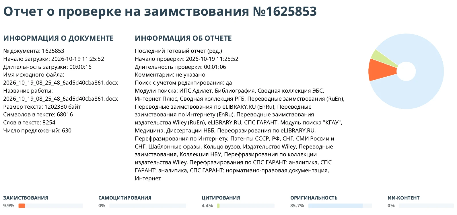 Реальный отчёт Антиплагиат ВУЗ по курсовой после очеловечивания в ПРОСТО ТЕКСТ: ИИ-контент 0%